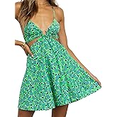 Deslimale Womens Summer Floral V Neck Adjustable Spaghetti Casual Short Dress with Ring