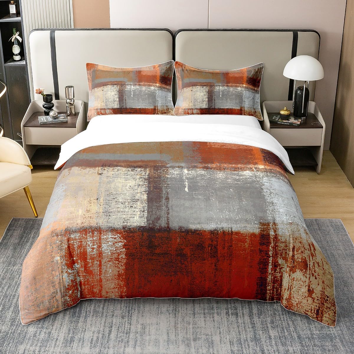 Homewish 100% Cotton Tie Dye Duvet Cover King,Red Orange Ombre Bedding Set for Kids,Grey Grunge Abstract Bed Sets with 2 Pillow,Watercolor Gradient Patchwork Comforter Cover