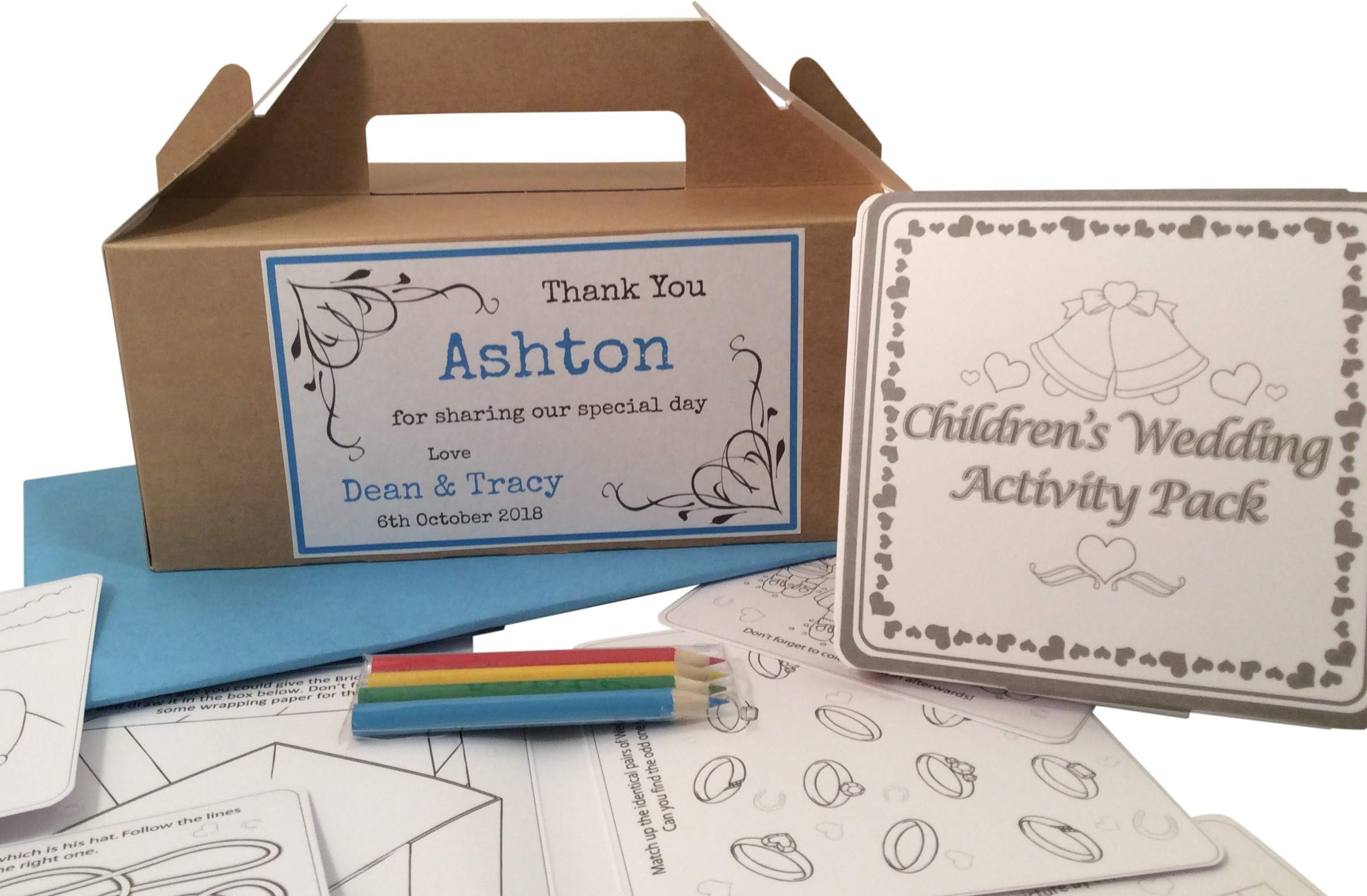 LARGE KRAFT BROWN PERSONALISED CHILDREN'S WEDDING ACTIVITY BOX - complete with activity pack & tissue paper