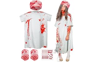 YLOLUL 8 pcs Patient Gowns Bloody Costumes Includes 1 Unisex Hospital Gown 2 Blood Gauze Roll 5 Scar Stickers for Costumes