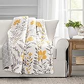 Lush Decor Aprile Reversible Cotton Throw Blanket, 50" W x 60" L, Yellow & Gray - Throw Blankets for Bed - Couch Blanket - Floral Throw Blanket for Couch