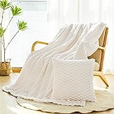 Bnuitland Flannel Throw Blanket, 300 GSM Fleece Cozy Warm Soft Home Decor Lightweight Bed Sofa Blanket for Adults, Suitable for All Seasons(Ivory,50X71 inches with Pillow Cover)