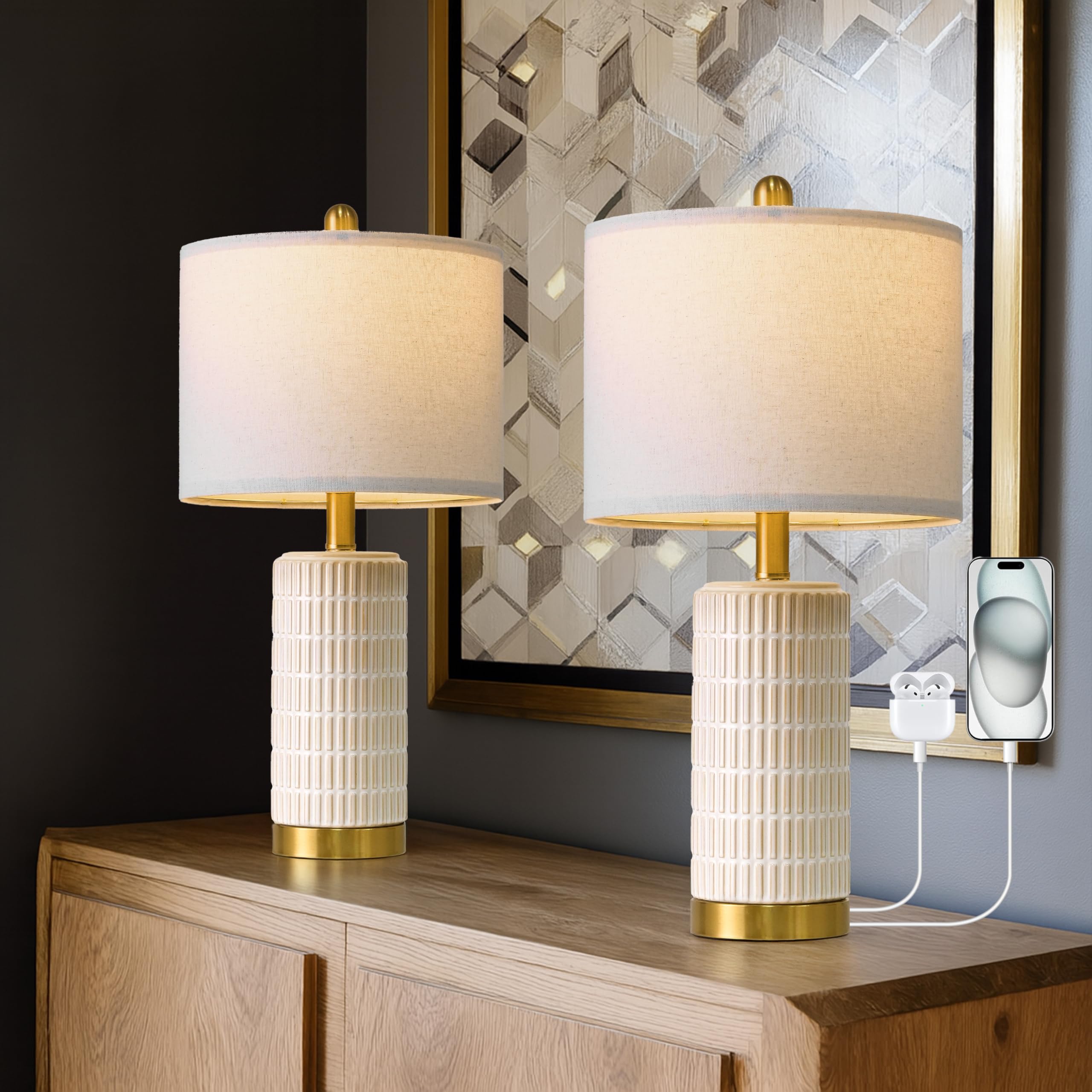Photo 1 of PoKat Small Bedside Table Lamps with USB Ports for Bedroom, 21.5'' White Nightstand Lamps for Night Stands, Modern Ceramic Bedroom Lamps for Living Room End Table, White and Beige