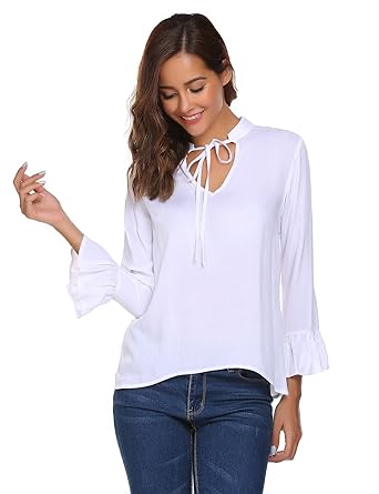 Beyove Damen Elegant Langarmshirt V Ausschnitt Casual Bluse Hemd Shirt Oberteil Tops mit Volants am Ärmel