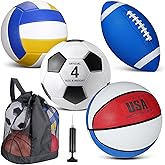 HyDren 4 Pcs Assorted Sports Balls Set for Kids Back to School Recess PE Equipment Official Size Basketball, Soccer, Football, Volleyball with Carry Bag and Pump for Outdoor Playground Gift
