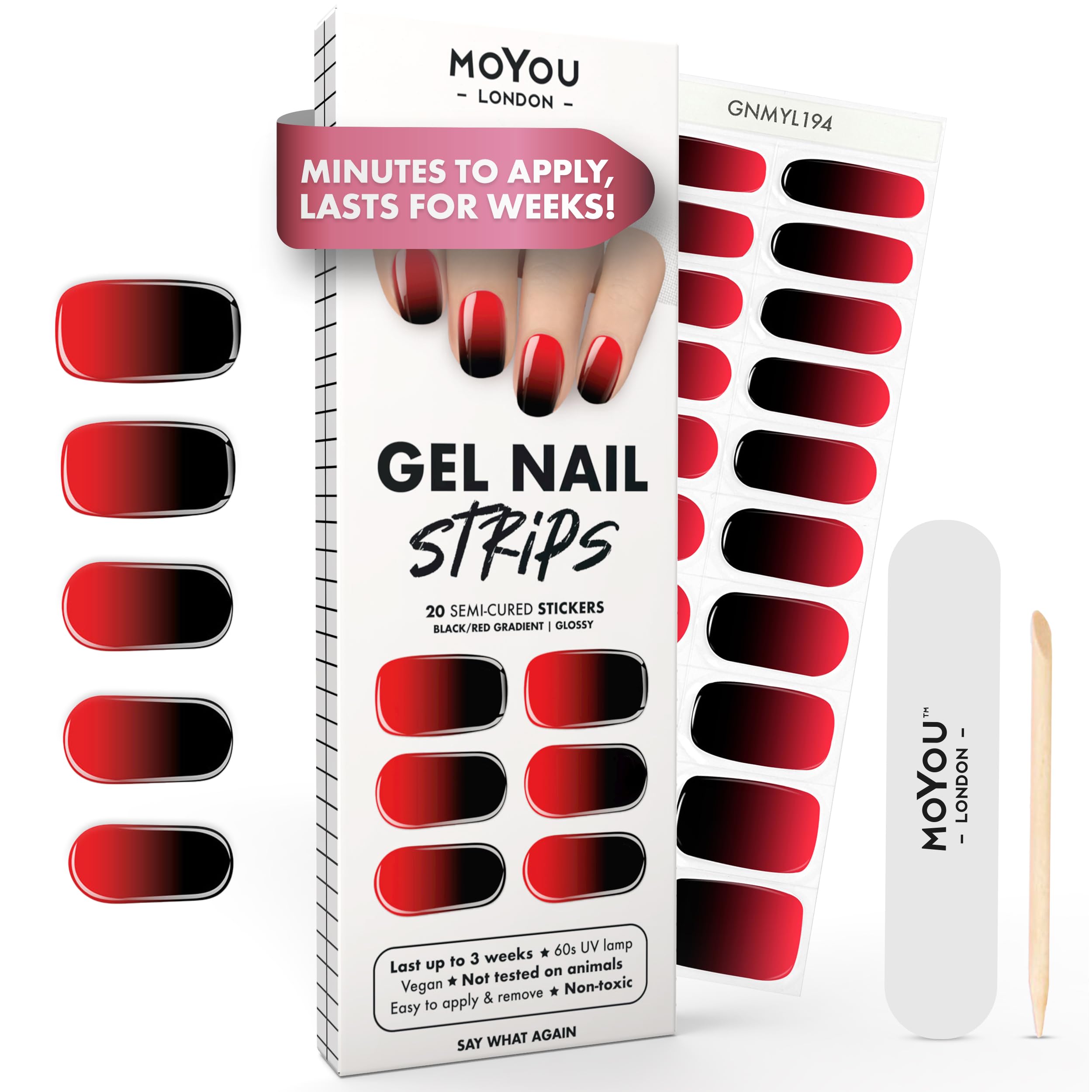 MOYOU LONDON Semi Cured Gel Nail Strips - 20 Pcs. Waterproof Gel Nail Wraps, Cures in Sunlight or UV/LED Lamp, Lasts Up to 2+ Weeks, Stretchable, Easy to Apply & Remove, Vegan & Cruelty-Free