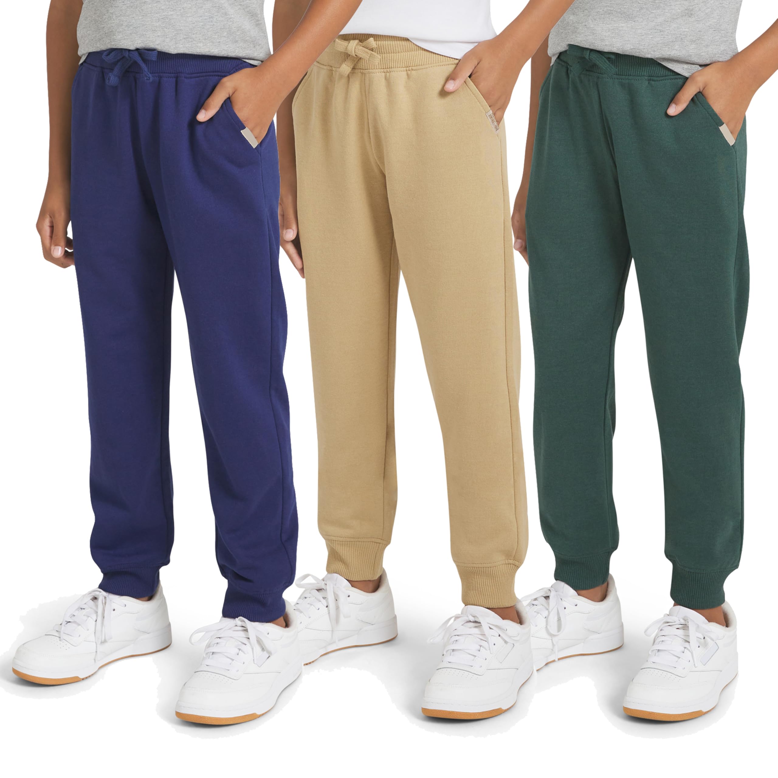 Weatherproof Vintage Boys’ 3 Pack Variety Midweight Super Soft Fleece Lined Stretchable Jogger Pants, Navy Sand Green Set, X-Small