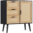 Iwell Storage Cabinet with Rattan Door & 3 Drawers, Rattan Cabinet with Adjustable Shelf, Entryway Cabinet, Small Storage Cabinet, Accent Cabinet for Living Room, Dining Room, Entryway, Black+Natural