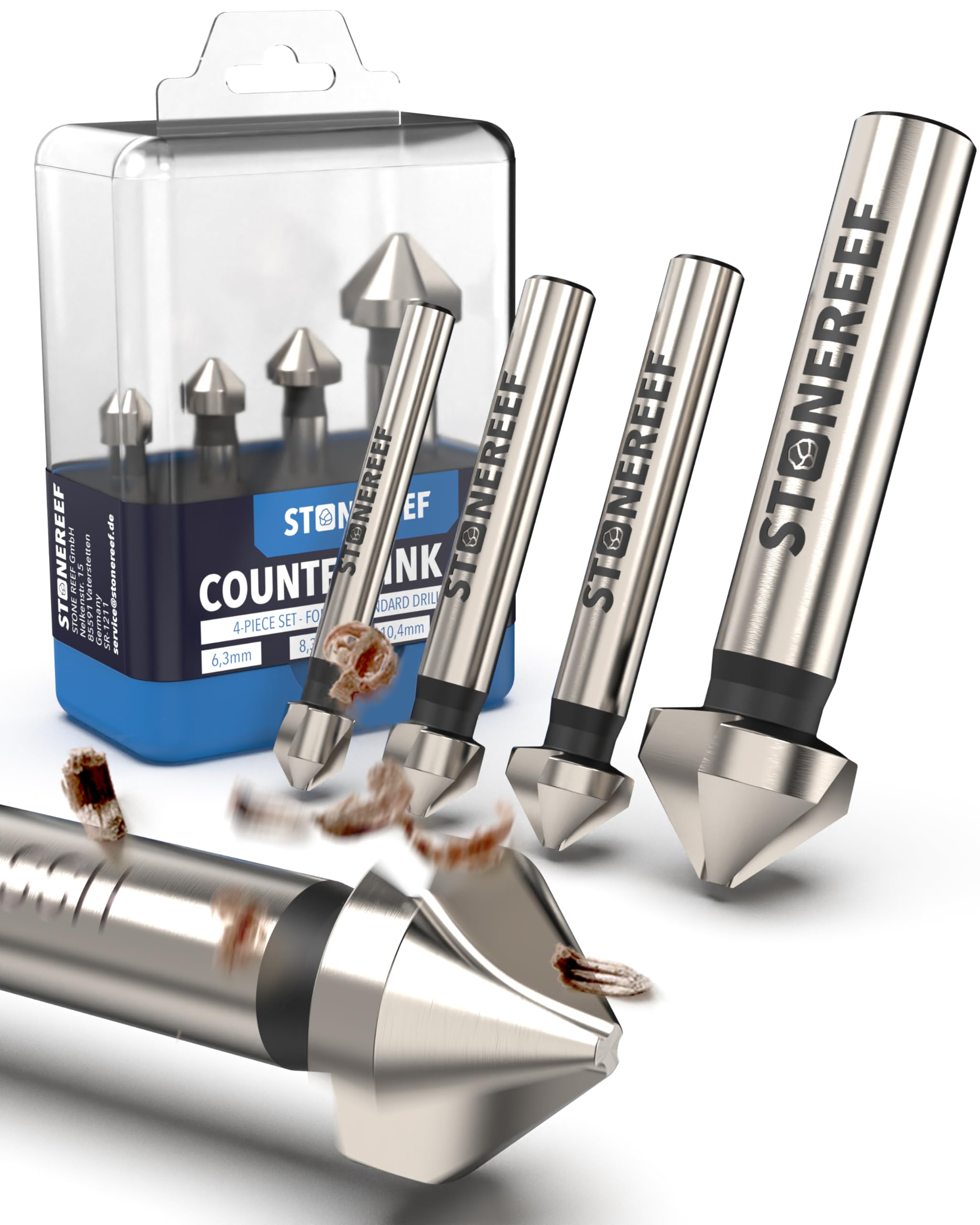 Juego de 4 avellanadores cónicos [6,3, 8,3, 10,5, 16,5 mm] HSS avellanador para metal y madera – avellanador de metal, avellanador de madera – Extra afilado por filo industrial – Cabe en portabrocas