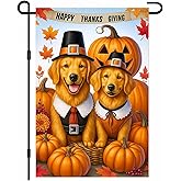 IVN Fall Thanksgiving Garden Flag 12x18 Inch Double Sided Two Golden Dogs Pilgrim Outfits Pumpkins Fall Yard Flag for outside Home Front Door Lawn Porch Patio Welcome Decor