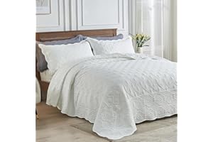 SUCHDECO Oversized King Bedspreads 128x120 inches California King Quilt Set Lightweight Soft Extra Large Quilted Bedspread Coverlet Set with 2 Pillow Shams, Grid & Damask Embroidery, White