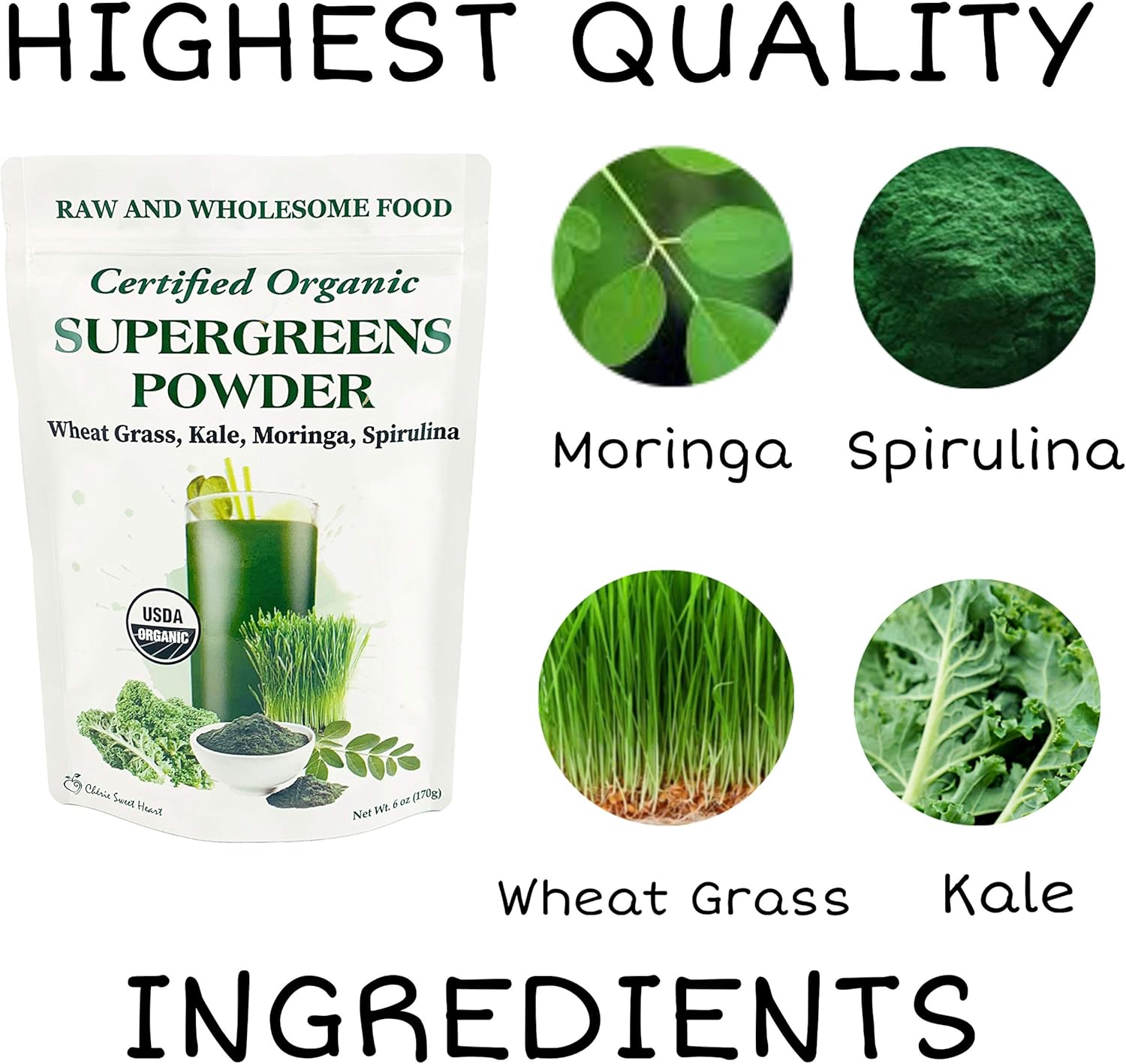 Supergreens Superfood Powder (Wheat Grass, Kale, Moringa, Spirulina