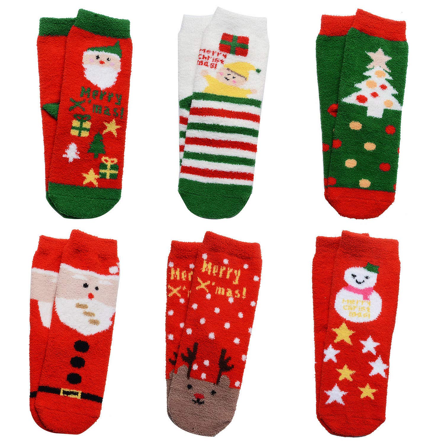 Womens Christmas Fuzzy Socks, Fascigirl 6 Pairs Winter Warm Cozy Xmas Home Socks Holiday Socks Cute Slipper Socks for Women Christmas Gifts for Kids Girls