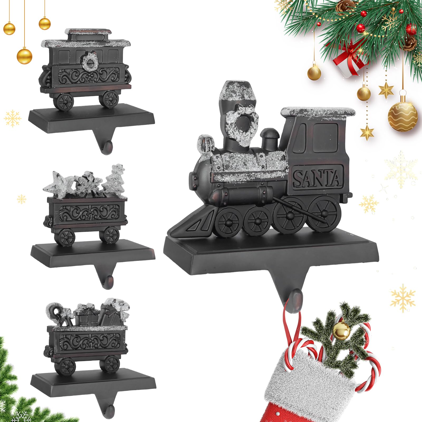 Photo 1 of Stranthother Set of 4 Heavy Duty Cast Iron Christmas Stocking Holders for Fireplace Mantle Vintage Christmas Train Stocking Hanger Bronze Xmas Stocking Hooks Hanger Fireplace Stocking Hooks