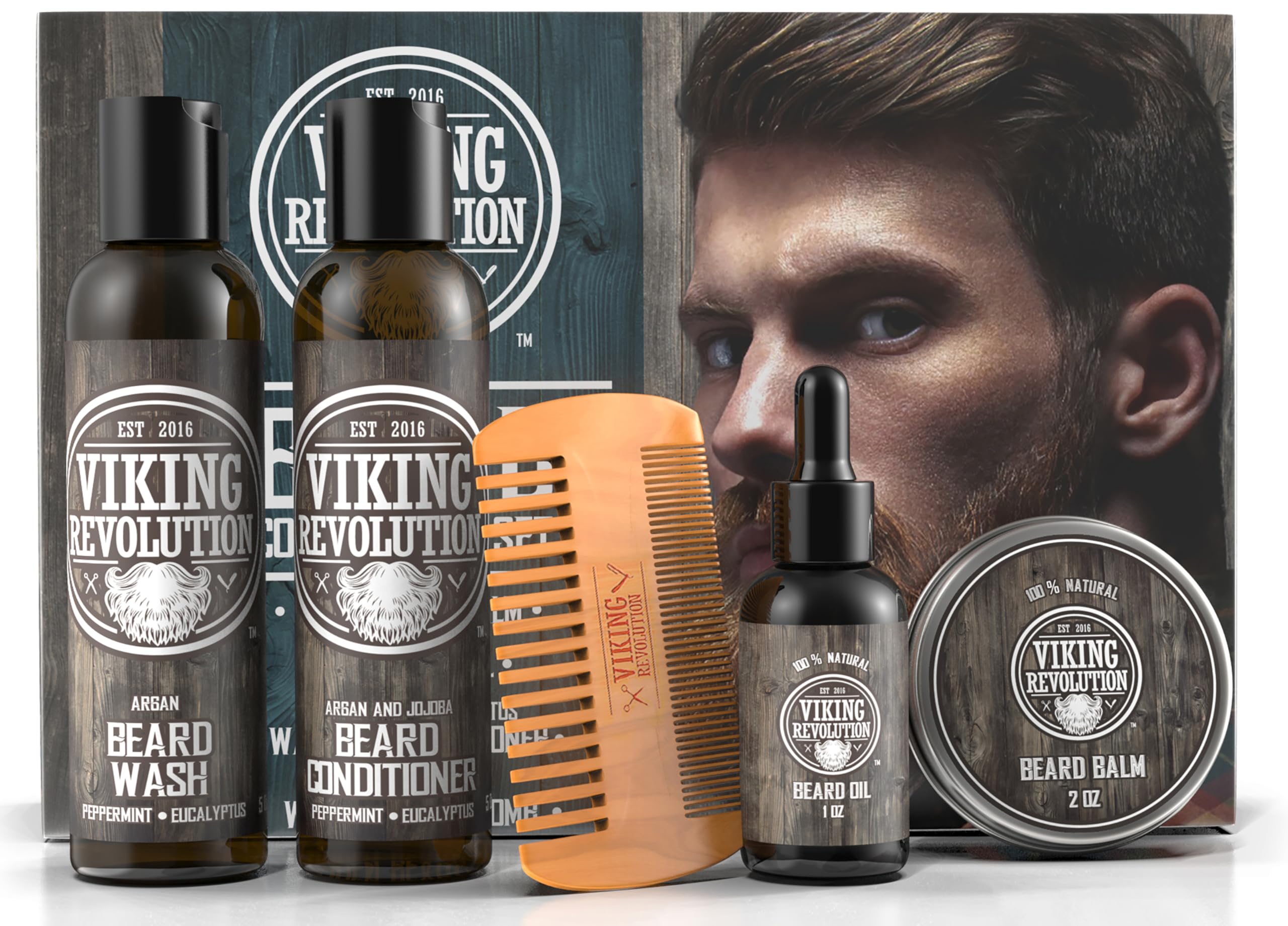 VIKING REVOLUTION - Beard Conditioner Kit - Beard Grooming Kit For Men - Softens, Smoothes & Soothes - With Beard Wash & Conditioner, Beard Oil, Beard Balm and Beard Comb