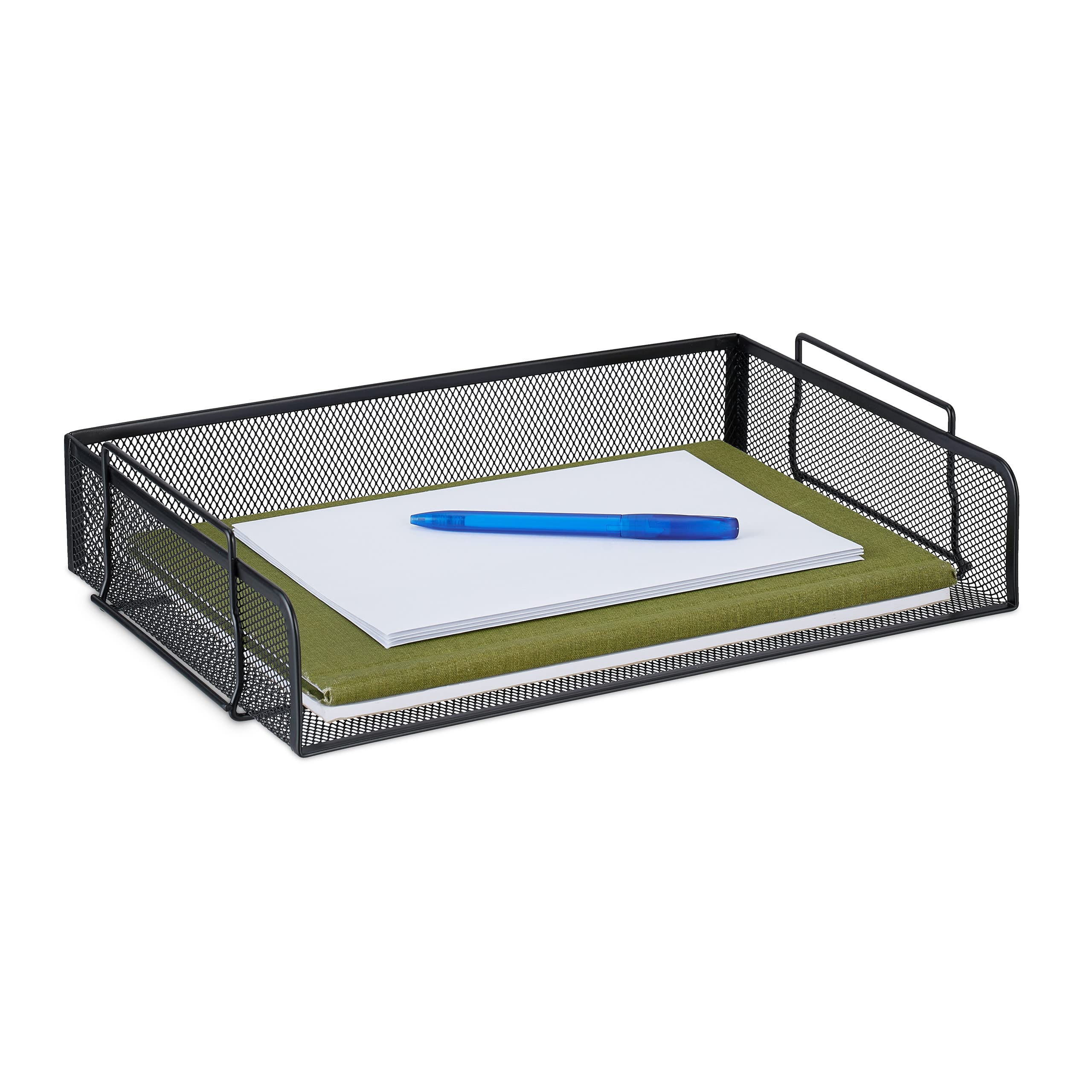 Relaxdays Document, Stackable Letter File, Horizontal A4 Tray, Mesh, H x W x D: 8.5 x 36 x 25 cm, Metal, Black, Steel