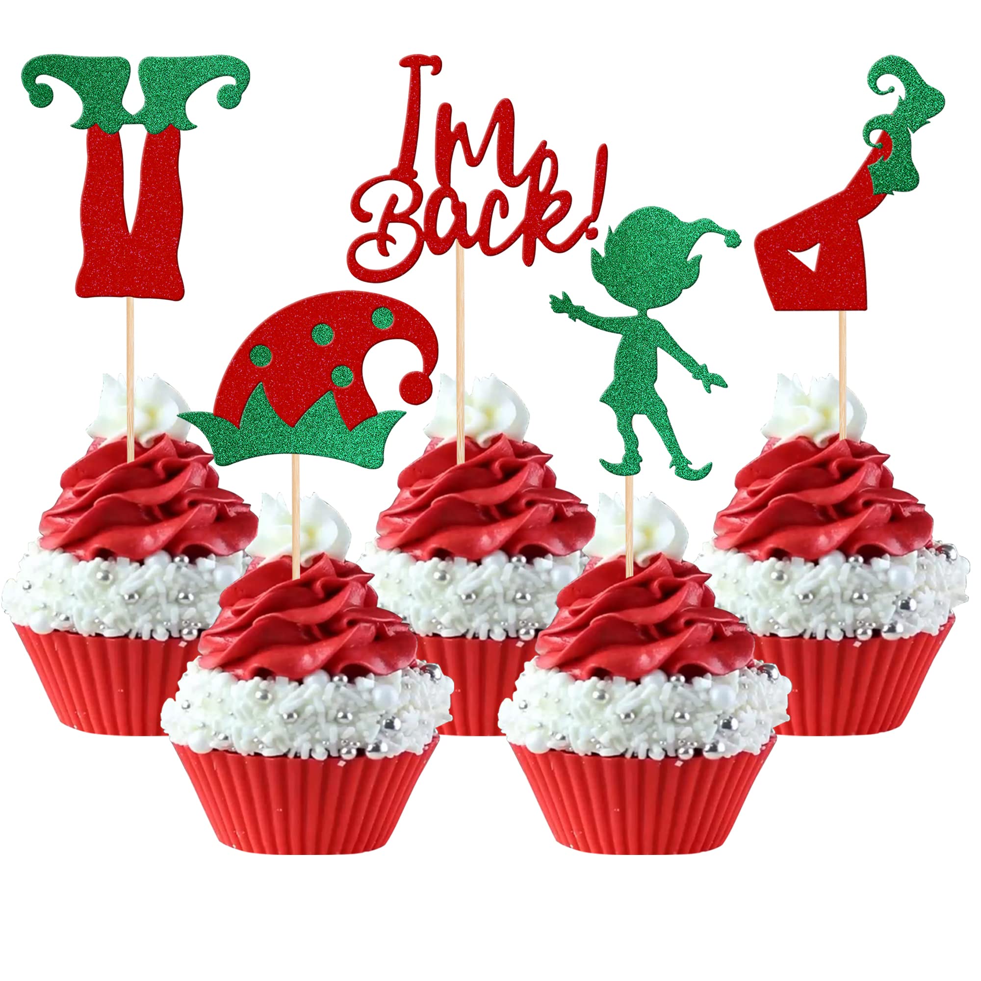 Xsstarmi 30 Pack Christmas Elf Cupcake Toppers Green Red Glitter Santa Hat I'm Back Elf Legs Cupcake Picks for Merry Christmas New Year Holiday Birthday Party Cake Decorations Supplies