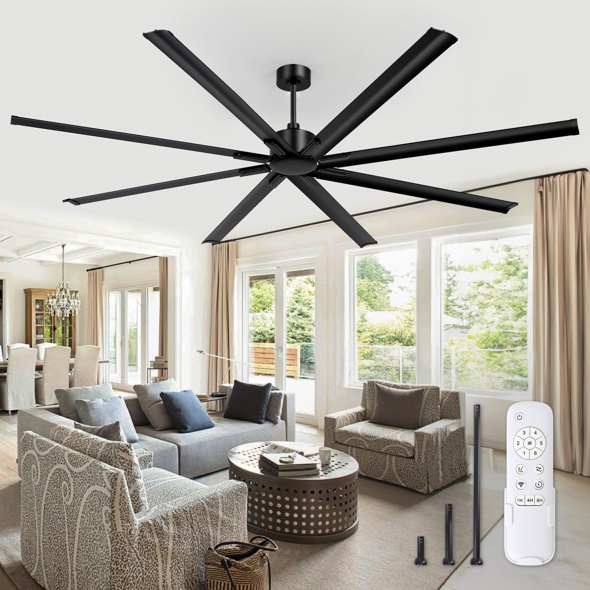 Photo 1 of *********SEE NOTES BEFORE BID************
ZMISHIBO 96 Inch Industrial DC Motor Ceiling Fan, Large Ceiling Fan with 8 Reversible Blades, 3 Downrods, 6-Speed Remote Control, Home or Commercial Ceiling Fans for Porch/Garage/Shop, Black