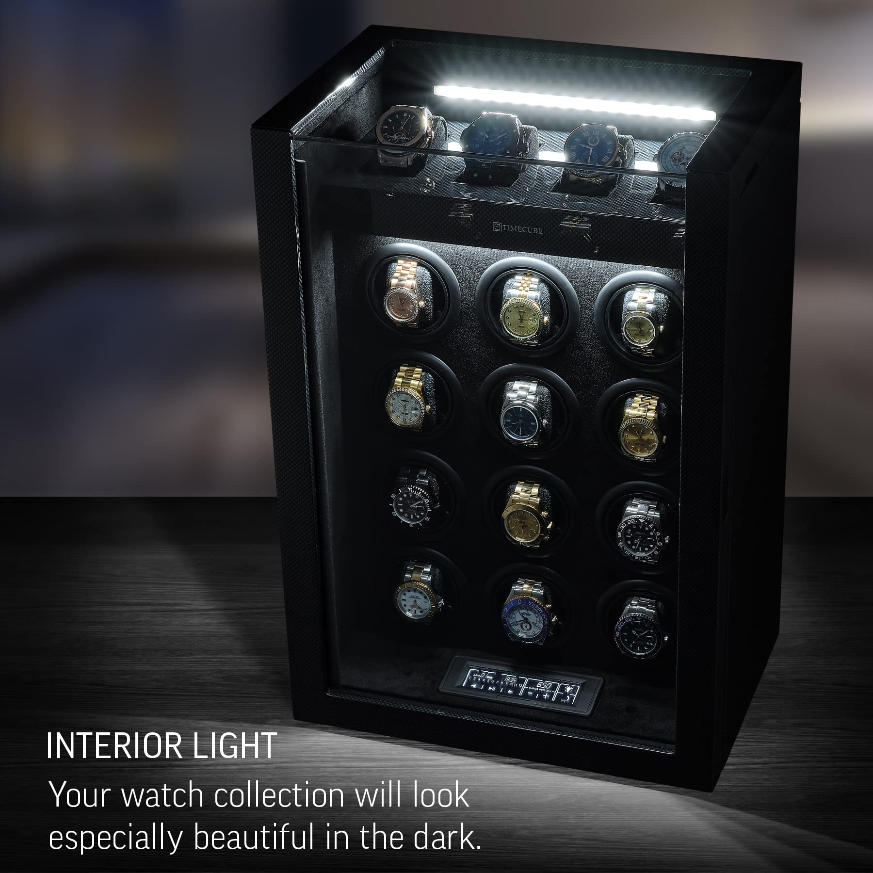 TIMECUBE Watch Winder for 12 Watches with Interior Light and 4 Watch Storage Slots (Carbon)