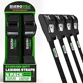 Rhino USA Lashing Straps (4-Pack) - Cam Buckle Tie Downs for Kayak, Cargo | 1,320lb Break Strength. 4 Heavy Duty 1in x 12ft Cam Buckle Pull Straps for Kayak, Roof Rack, Cooler &amp; Cargo.