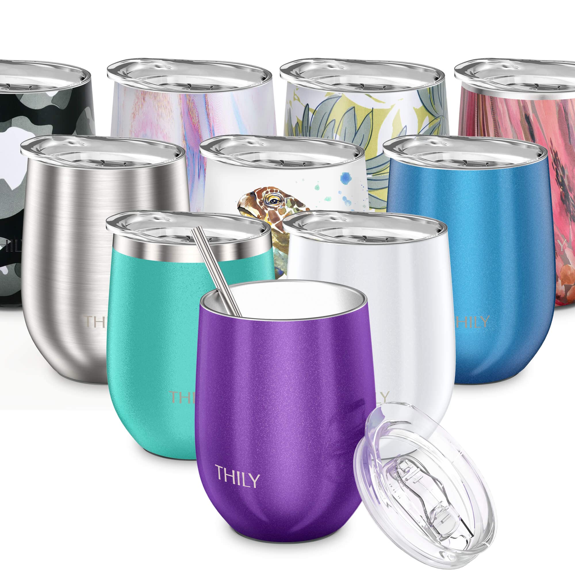 THILY Vacuum Insulated Stemless Wine Tumbler Triple-Insulated Stainless Steel Wine Glass with Lid, Reusable Straw, 350 ml, Wine, Coffee, Cocktails, Gifts Ideas for Women, Her, Girls, Purple — image 1