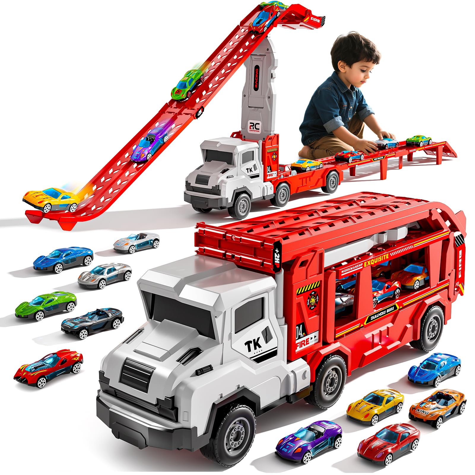 Bennol Truck Toys for Kids, Double Race Car Track Transport Vehicle with 12 Die-Cast Car Toys, Cars Ramp Toy for Toddler 3-5, Christmas Birthday Gift for 3 4 5 6 7 8 Years Old Boys Girls