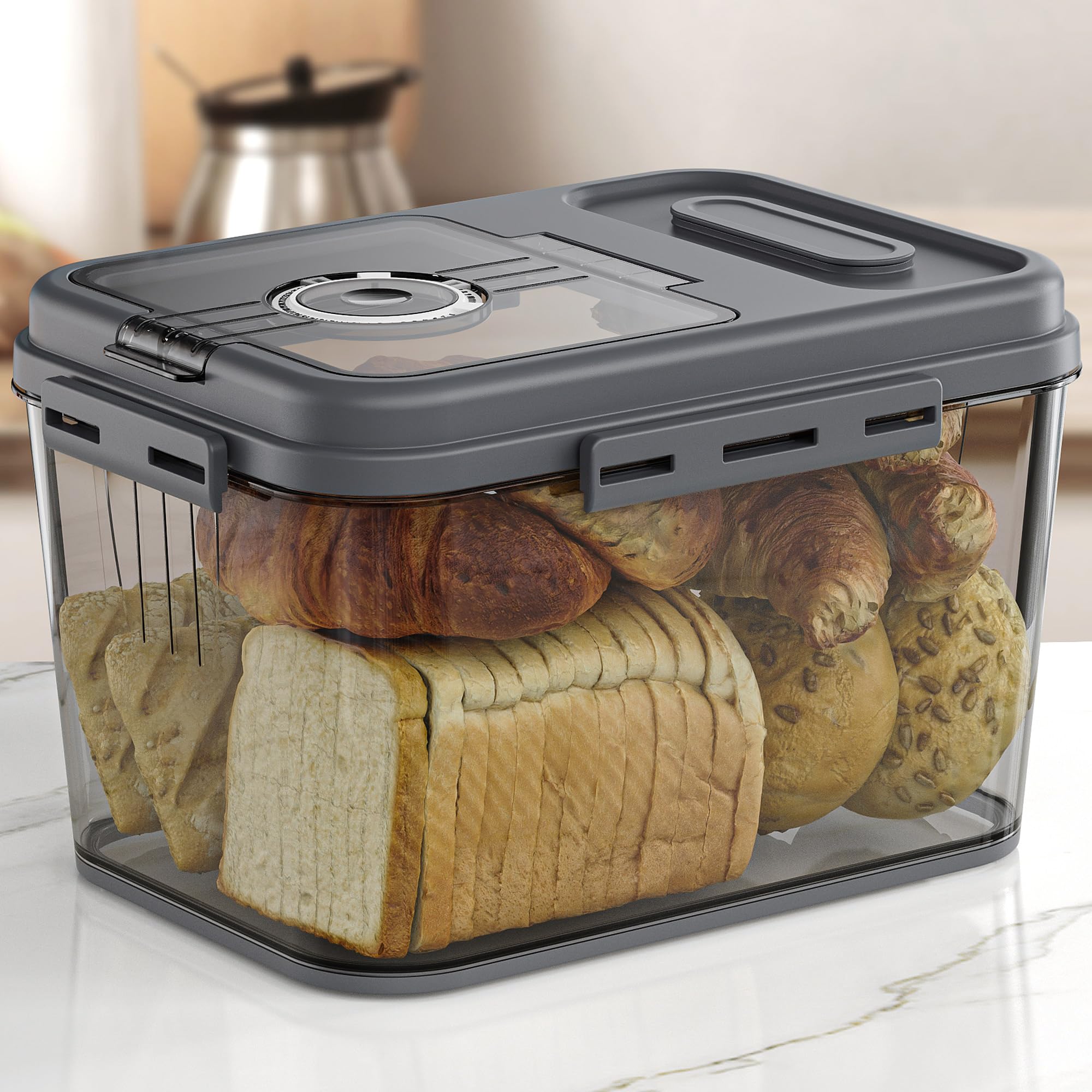 Photo 1 of Olimingse Bread Box, 10L Gray Airtight Braed Storage Container, Bread Box For Kitchen Countertop, Time Recording Bread Keeper with Lid, Flip-Top Bread Holder.