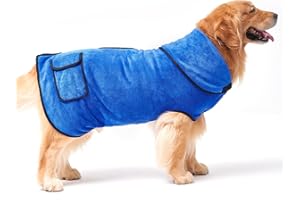 CZL Dog Drying Coat, Dog Bathrobe Towel, Super Absorbent Dog Robes, 100% Microfibre Fast Drying, Soft Adjustable Pet Dog Bath Robe Towel, Thick Double-Layer Design,for After Bath Beach Pool, Blue-L