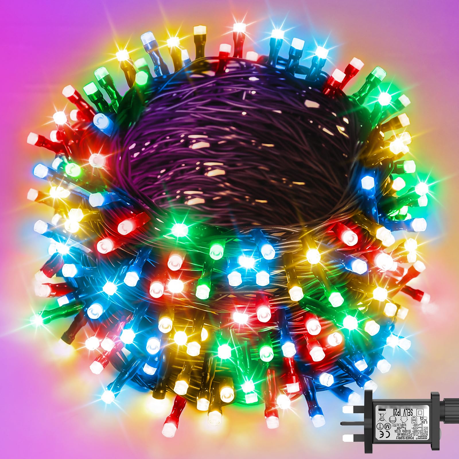 cshare 200 LED Christmas String Lights Outdoor/Indoor, Mains Powered with Timer Memory Function 8 Modes, Extendable Green Wire, 20M Waterproof Fairy Lights for Xmas Tree, Garden, Bedroom, Multicolor