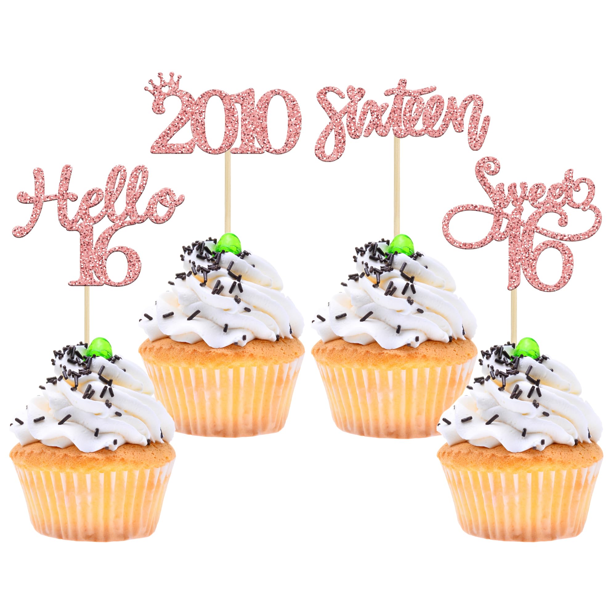 Gyufise 24 Pack Rose Gold Glitter 16th Birthday Cupcake Toppers Hello Sweet 16 Sixteen Since 2010 Cupcake Picks for 16th Birthday Party Cake Decorations Supplies