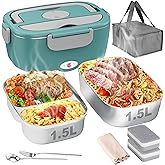 Geveniss Electric Lunch Box for Men, Women & Adults - 80W Fast Heating - Heated Lunch Box with Dual 1.5L SS Containers - Portable Food Warmer for Car, Truck, Office