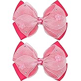 KISZU 4.5 Inch Flower Hair Bow Clips, Organza Bows with Pearls Big Hair Accessories for Baby Girls Kids Children Teens and Women (Deep Pink)