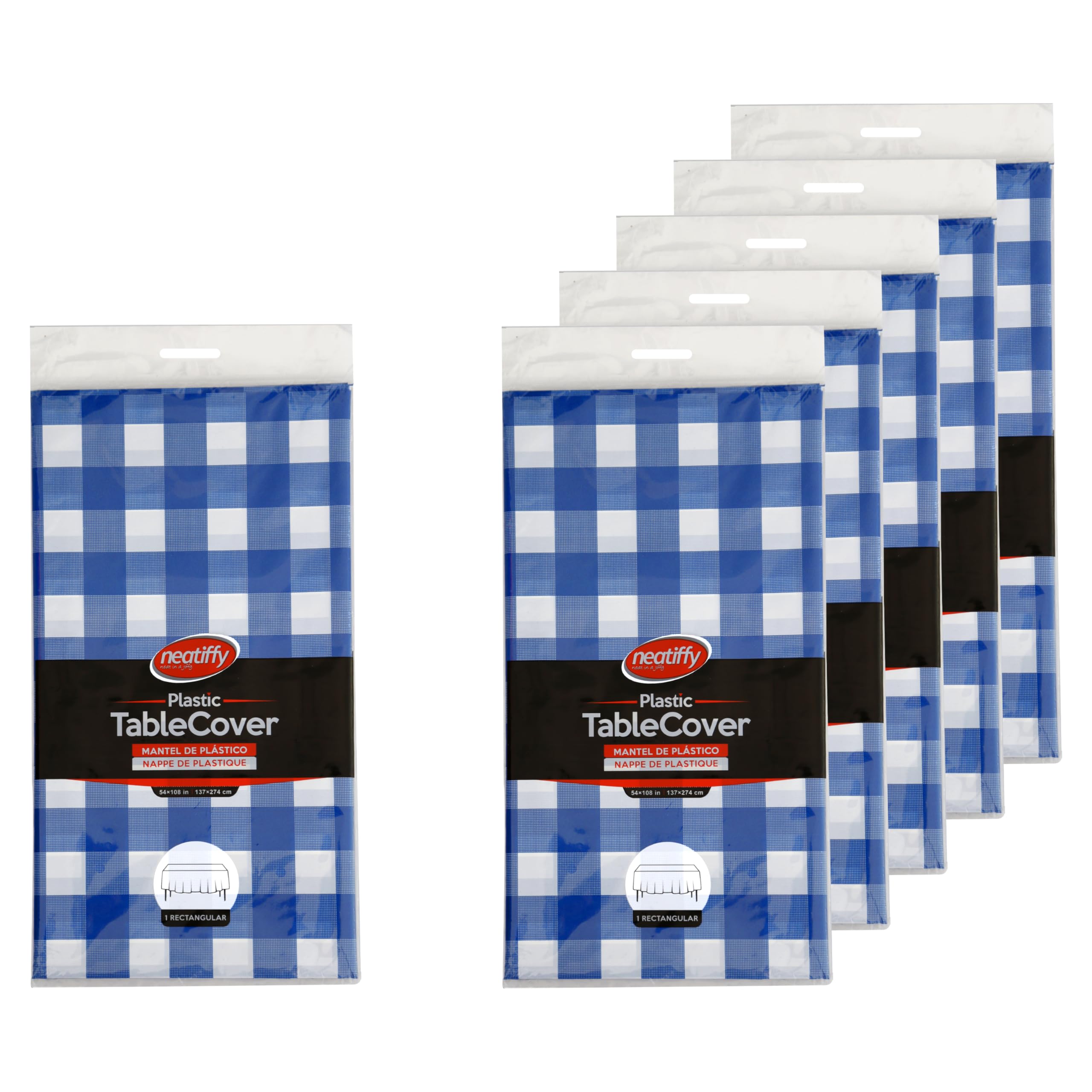 Neatiffy 54 in x 108 Inch 6Pack Rectangle Plastic Table Cloth | Waterproof Disposable/Reusable Tablecloth | Table Cover for Picnic, Party, Banquet, Birthdays - Blue Checkered