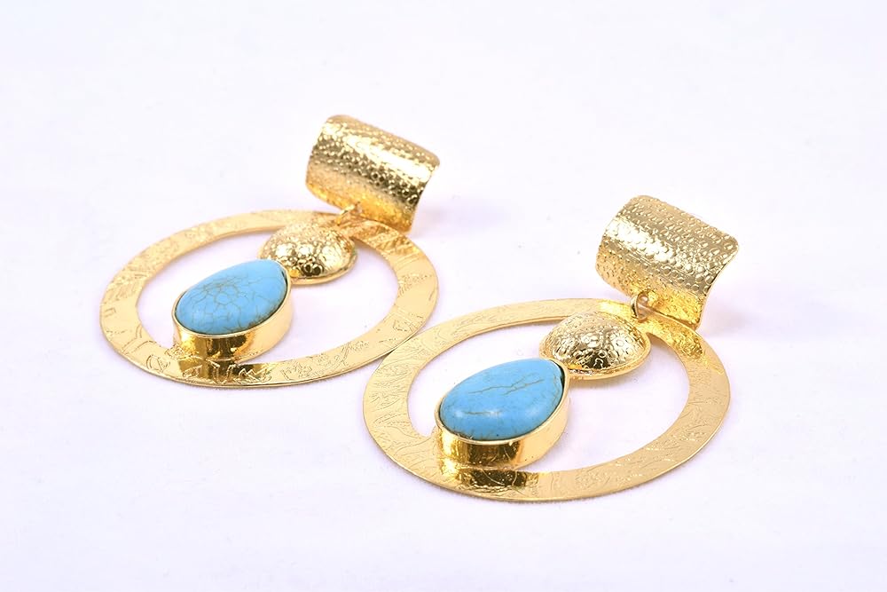 Engraved Turquoise Earrings, Round Earrings with Turquoise