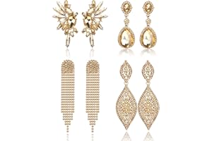 Sanfenly Clip On Earrings Women Dangle, Large Long Dangling Non Pierced Earrings Elegant Formal Big Bling Rhinestone Crystal Simulated Diamond Clip Earrings for Women Non Pierced Ears