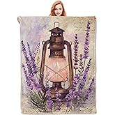 VANZEV Vintage Lantern and Lavender Blanket Gifts for Women, Rustic Floral Theme Flannel Blanket, Soft Warm Lightweight Throw Blankets for Bedding Sofa Couch Home Travel Decor 50" x 60"