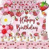 ZOYVUX Strawberry Birthday Decorations, Berry Party Decorations Including Balloon Arch, Backdrop, Hanging Swirls, Tablecloth, Banner, Cake Topper for Strawberry Themed Party