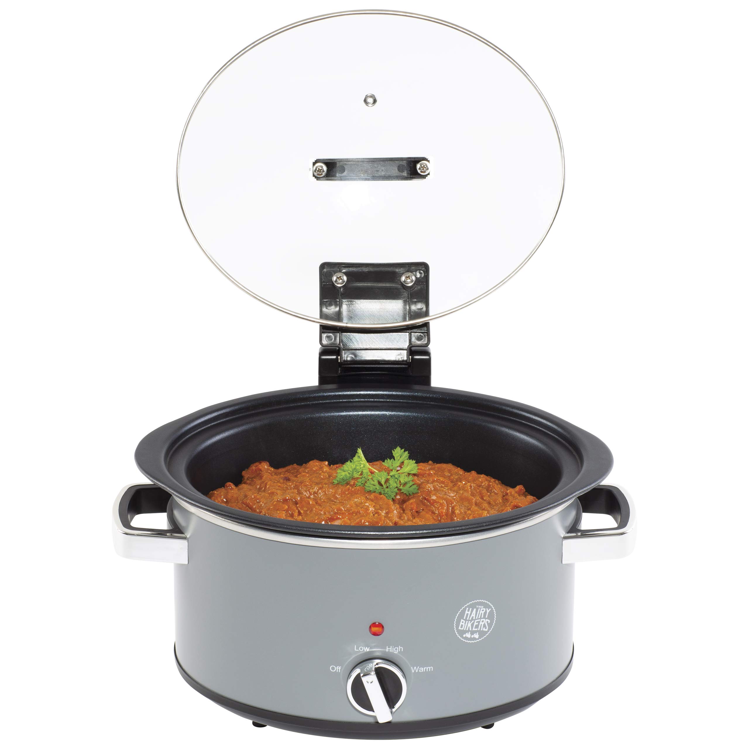 Hairy Bikers SDA1619 Hinged Slow Cooker Stick Coating, Dishwasher Safe Tempered Glass Lid and Removable Cooking Pot, with Non Skid Feet and Temperature Dial-(3.5L), Grey