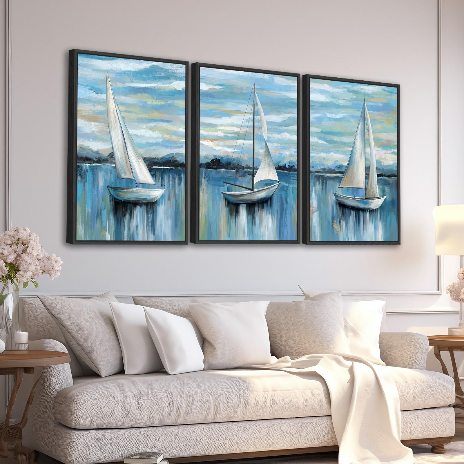 Photo 1 of Large Framed Sailboat Wall Art - Tranquil Beach Wall Decor 16"x24" Set of 3 Blue Coastal Wall Art Prints Nautical Ocean Painting Modern Cloudy Lake Canvas Pictures for Living Room Bedroom Office