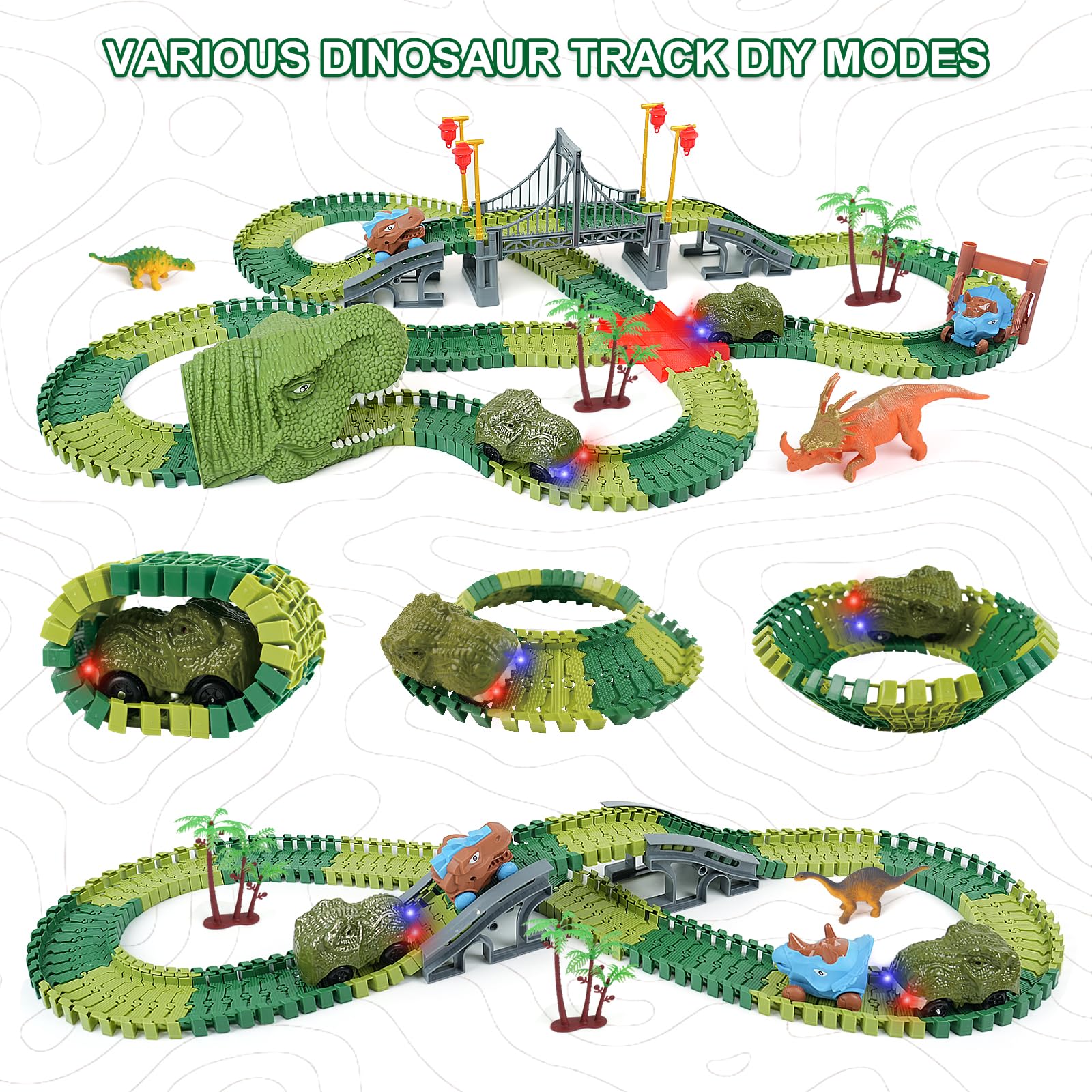 ToyFuntasy Dinosaur Track Toys for Kids - Best Birthday Gifts for 3 4 5 6 7 Year Old Boys, Flexible Race Car Track Set with Light & Sound, Create a Dino World Adventure