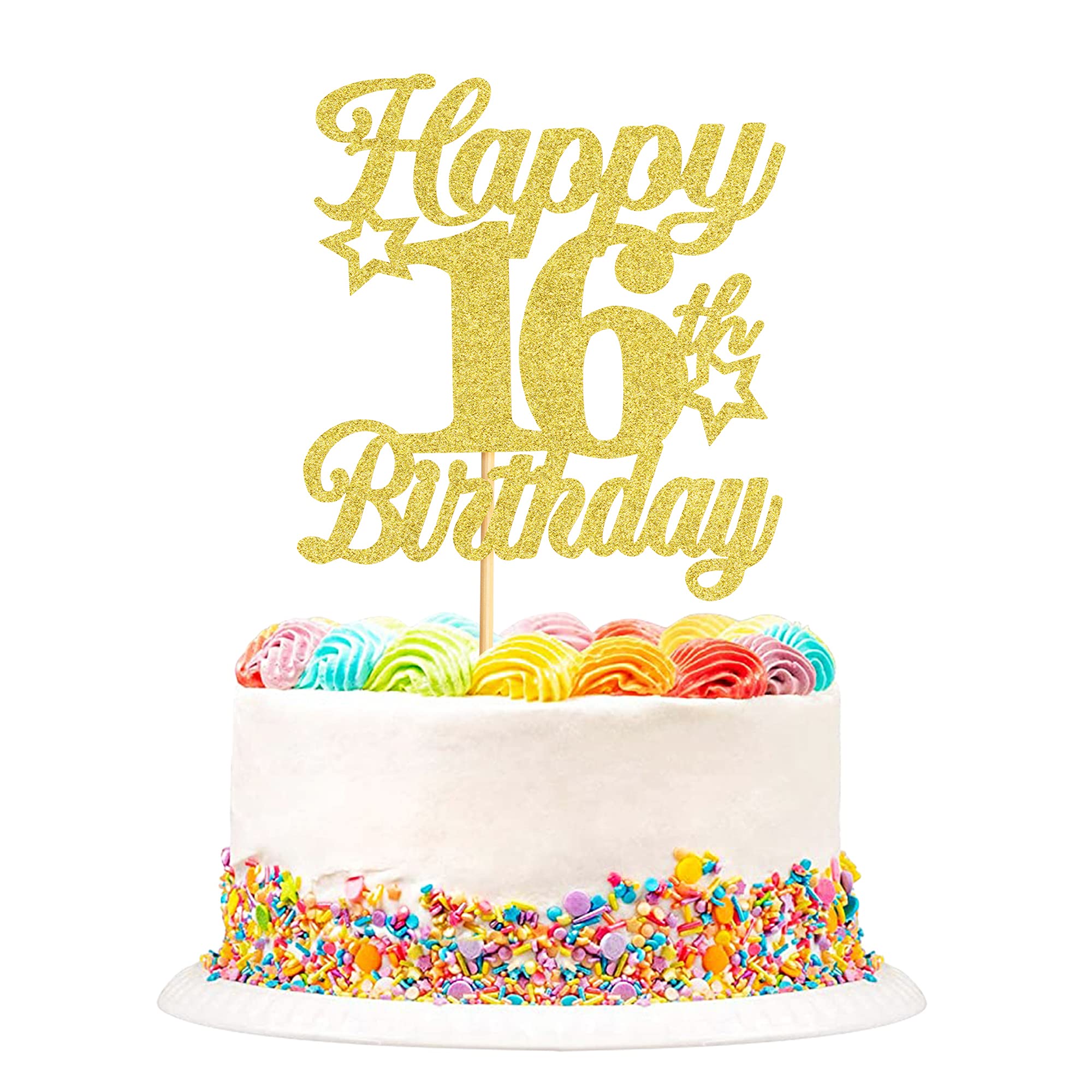 Blumomon 3 Pack Happy 16th Birthday Cake Toppers Gold Glitter Hello 16 Cheers to 16 Years 16 & Fabulous Cake Pick Ten 16th Birthday Anniversary Party Decorations Supplies