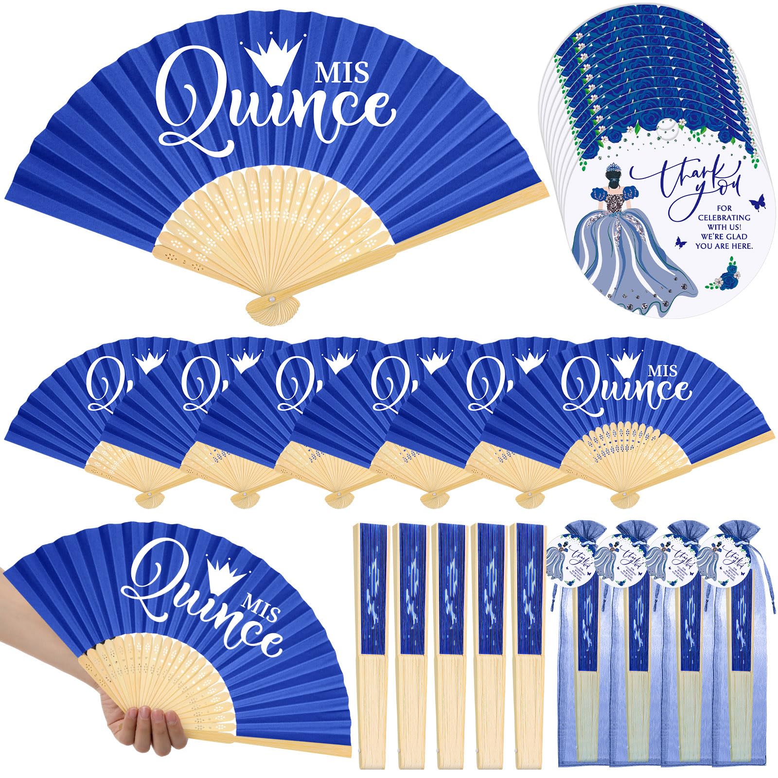 Photo 1 of Threehoney 50 Sets Quinceanera Favors for Guests Bamboo Folding Paper Fans with Thank You Tags and Gift Bag Handheld Fans 15 Birthday Party Favors Decorations for Girls (Blue)
