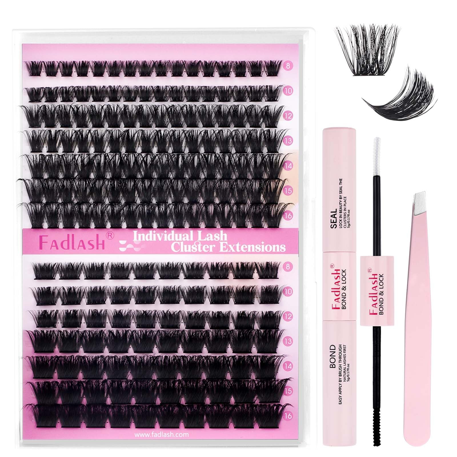 FADLASH 100D+200D 0.07mm D Curl 8-16mm with Bond and Seal and Tweezers Fluffy Cluster Lashes DIY Eyelash Extensions — image 1