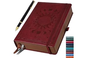 HwxBen Journal Notebook for Women/Men, Daily for Classic Lined Writing,360 Pages Leather Hardcover with Vintage Sun & Moon Design,Premium Wine Red, A5 (5.9'' x 8.5'')