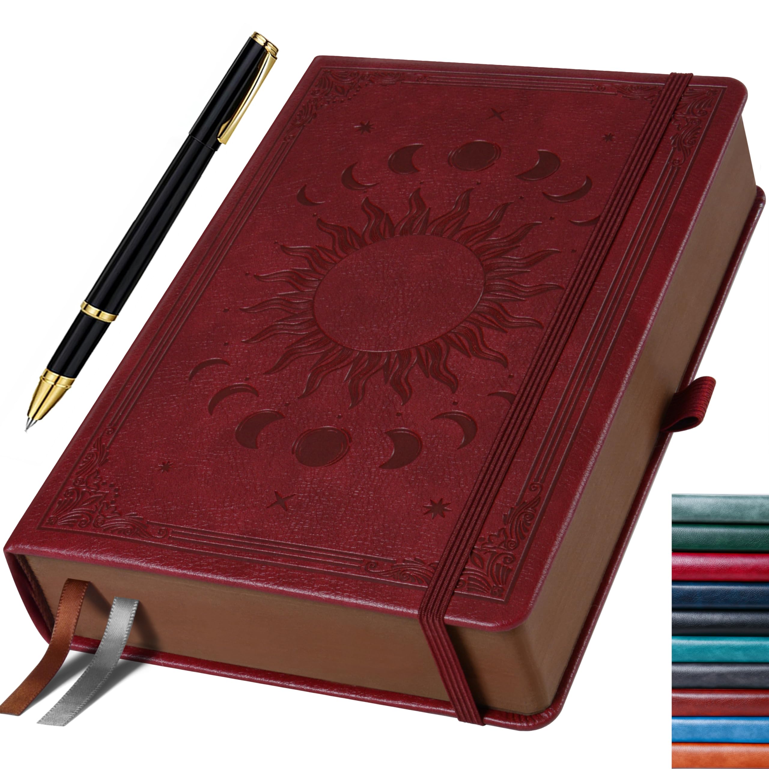 HwxBen Wine Red Journal for Men & Women, Daily for Classic Lined Writing, 360 Pages Hardcover Journaling Notebook with Pen, Vintage Sun & Moon Design, B5 (7.7'' x 10'')