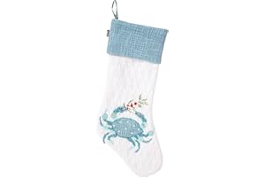 NATIONAL TREE COMPANY HGTV Home Collection Unlit Embroidered Blue Crab Stocking with Hanging Loop, Unlit, HGTV Home Collection, White, 20 in