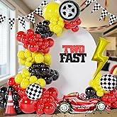 Ceeulvu Lightning-Themed Race Car Balloon Arch Kit, Red Black Yellow Balloons with Checkered Flags, Tire Balloons, Lightning Decor for Boys Birthday Party Decorations