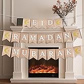 Fidqiog 2026 Ramadan/Eid Home Decorations 3Pcs - Flax Ramadan Mubarak Banner & Moon Star Eid Mubarak Decor