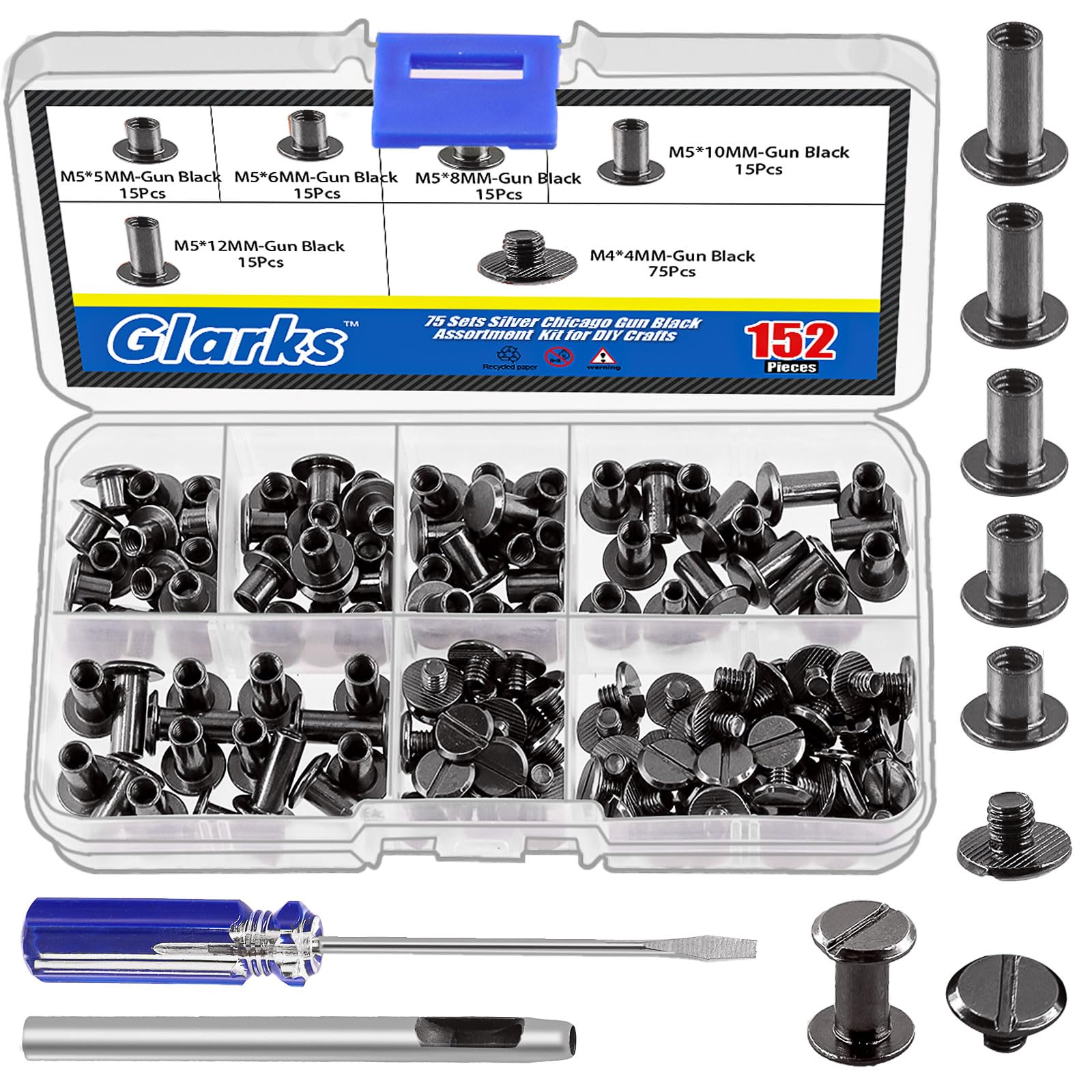 Glarks 150 Sets Gun Chicago Screws Assorted Kit, M5 x 5mm, 6mm, 8mm, 10mm, 12mm Chicago Rivets and 4x4mm Flat Head Stud Screw, Nail Rivet Chicago Button Screw Posts Metal Accessories