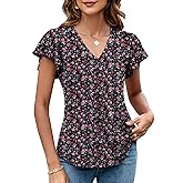 LOMON Womens Tops Dressy Casual Summer Flutter Sleeve T-Shirts Trendy Ruffle Short Sleeve Loose V-Neck Tunic Tops